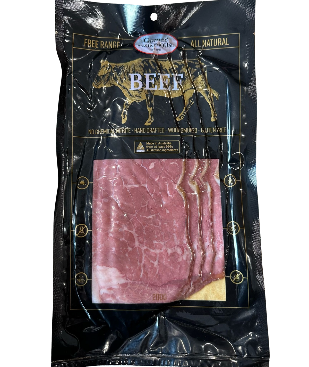 Beef- Pastrami Sliced ( Gamze Somkehouse) 200g Nitrate free , hand crafted