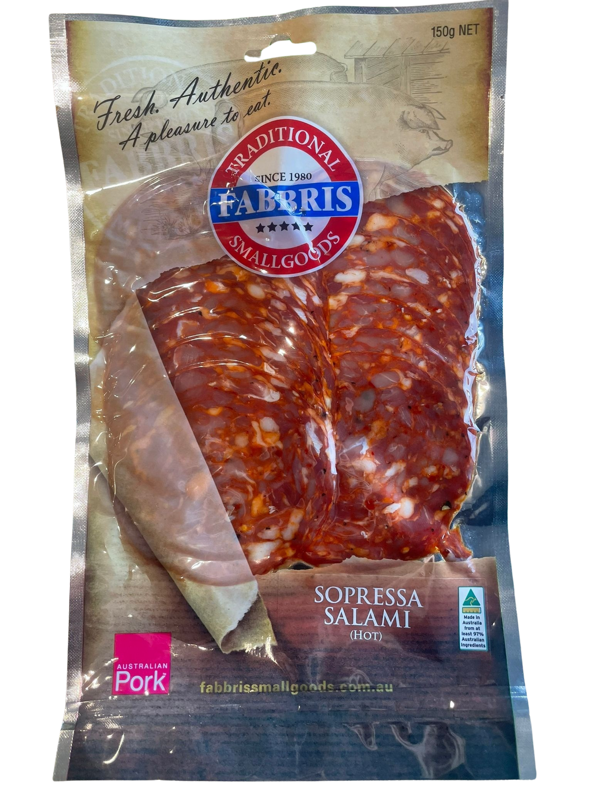 Salami -Hot Sopressa ,Sliced 100g (Fabbris Smallgoods)