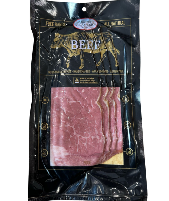 Beef- Pastrami Sliced ( Gamze Somkehouse) 200g Nitrate free , hand crafted