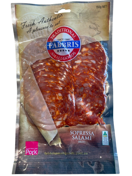 Salami -Hot Sopressa ,Sliced 100g (Fabbris Smallgoods)
